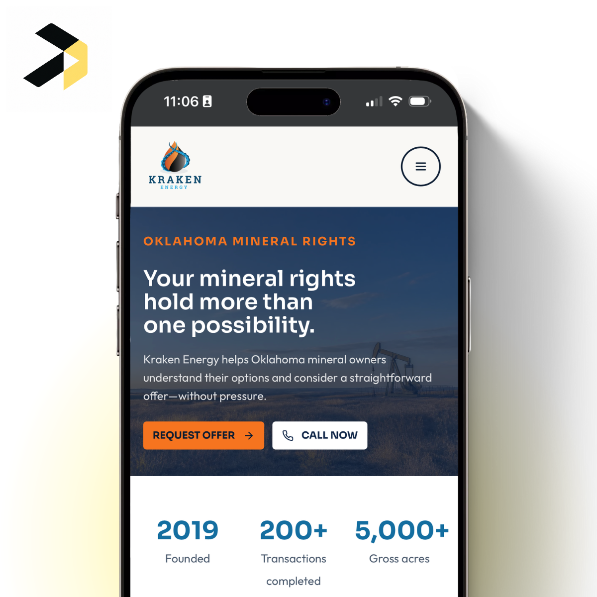 Kraken Energy mobile website showing Oklahoma mineral rights messaging, Request Offer and Call Now buttons, and company credentials